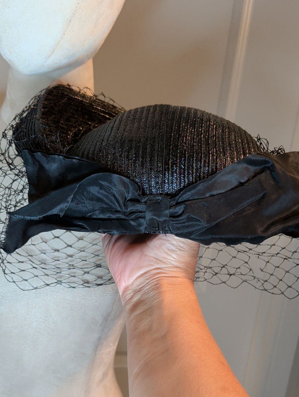 Vintage 60s Black Straw Gainsborough Hat Pink Floral Kentucky Derby Large Brim - Picture 12 of 12
